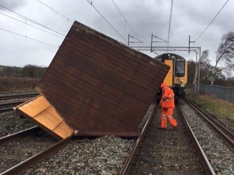 A shed blown onto the railway by strong wind. Image from Network Rail